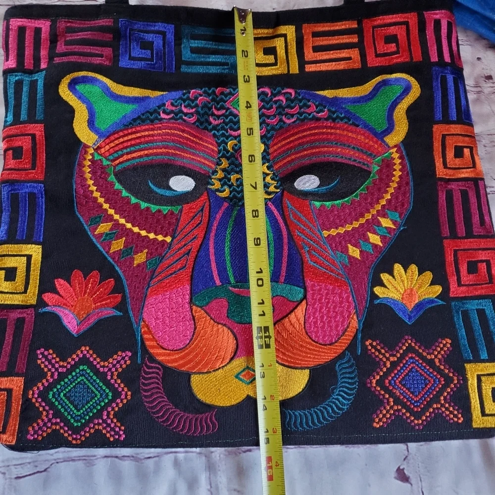 Embroidered Jaguars Tote Bag Multicolor Guatemalan Fabric Lined Zip Large Size